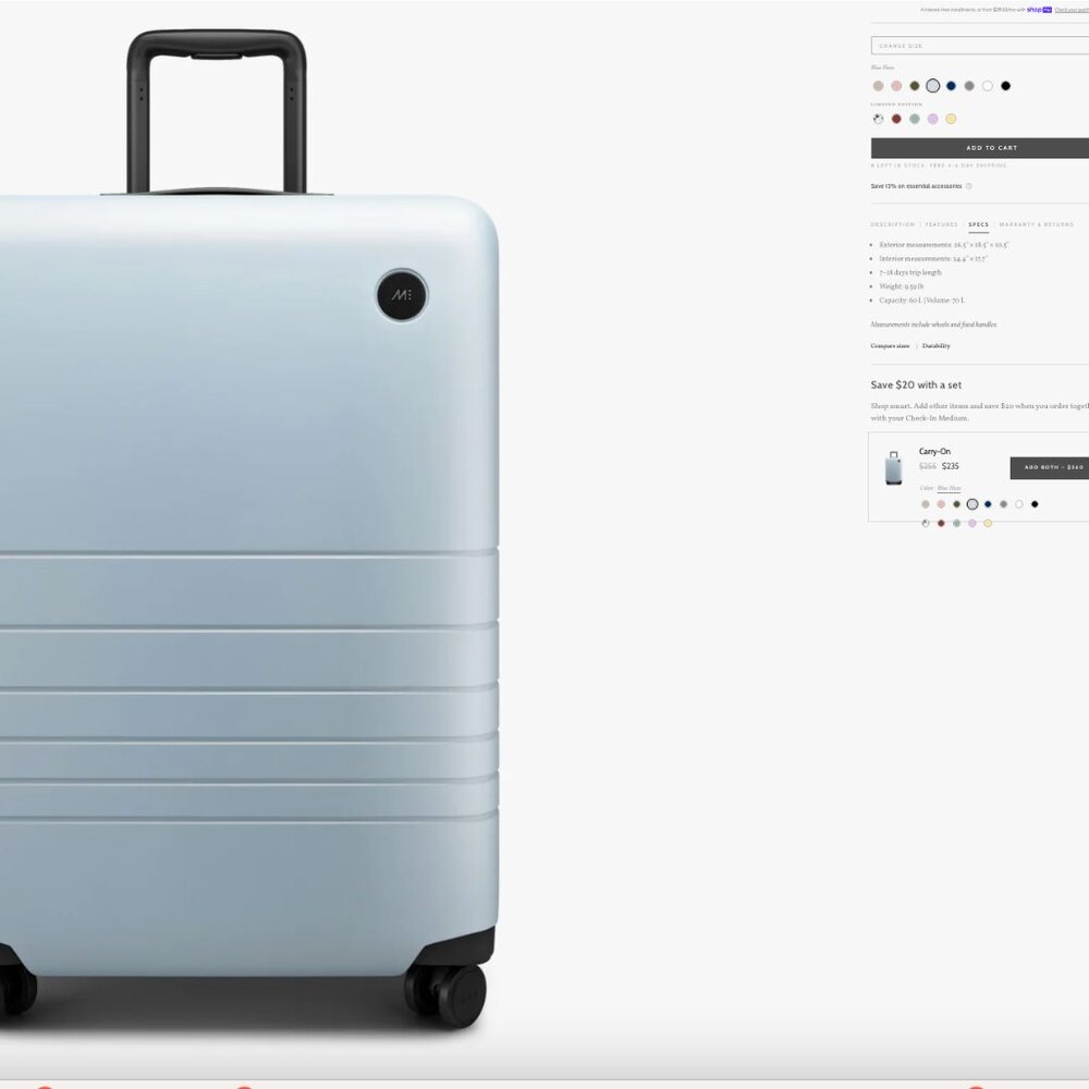 Monos Luggage - Medium Checked size (Blue Haze color) PLUS 4 free packing cubes